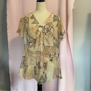 CATO WOMAN Cream and brown print blouse size 26/28W.